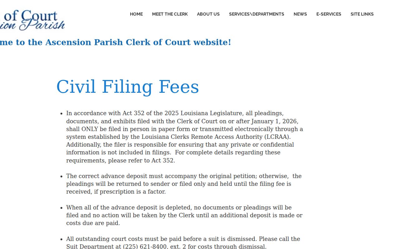Ascension civil docket source showing the clerk's civil filing and copy fee page