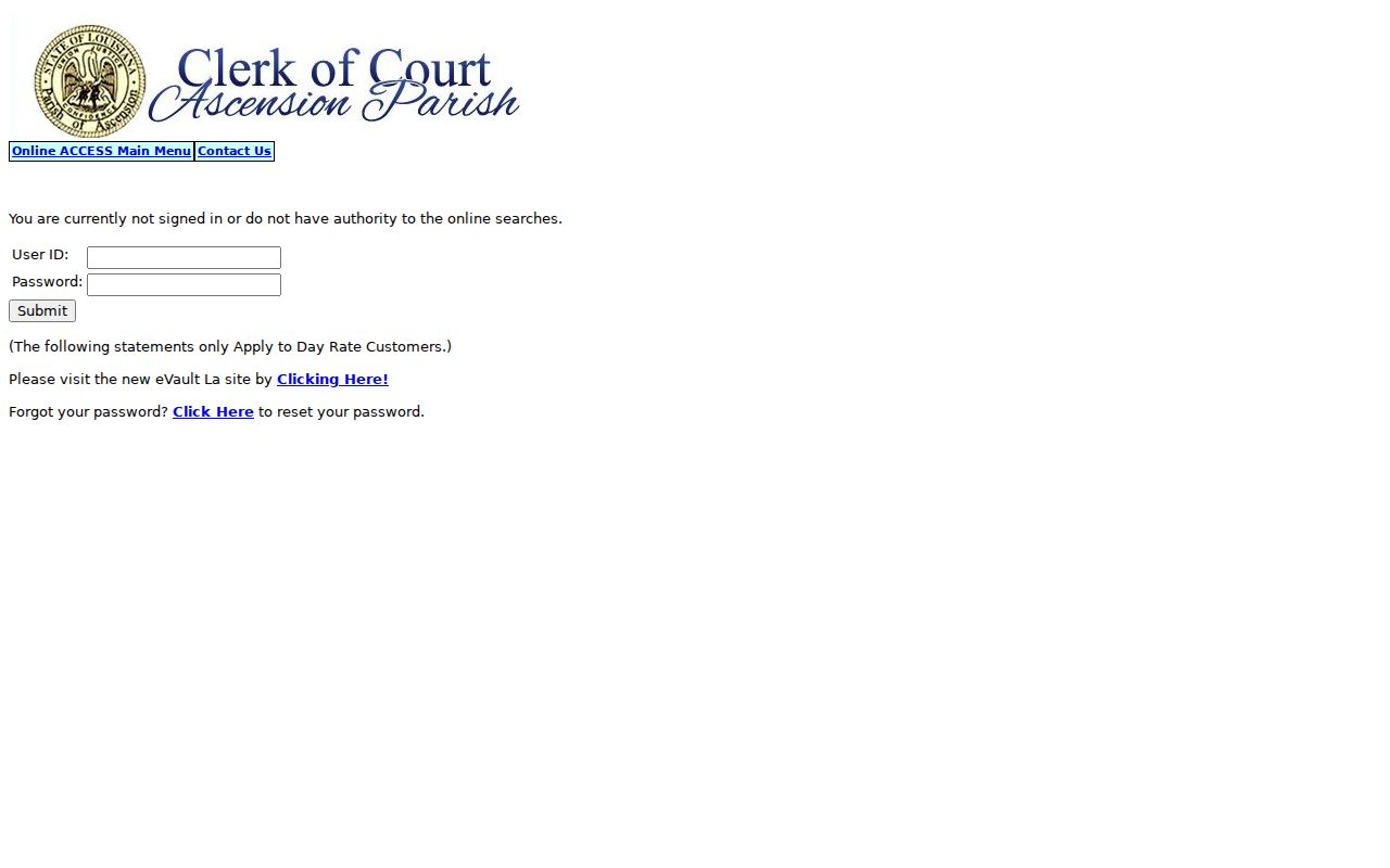 Ascension criminal docket access page showing the legacy Online ACCESS sign-in route