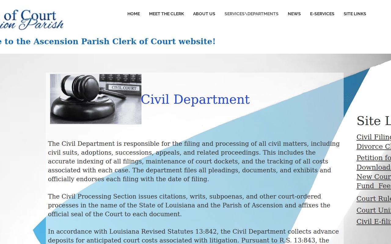 Ascension civil docket source showing the Civil Department records page