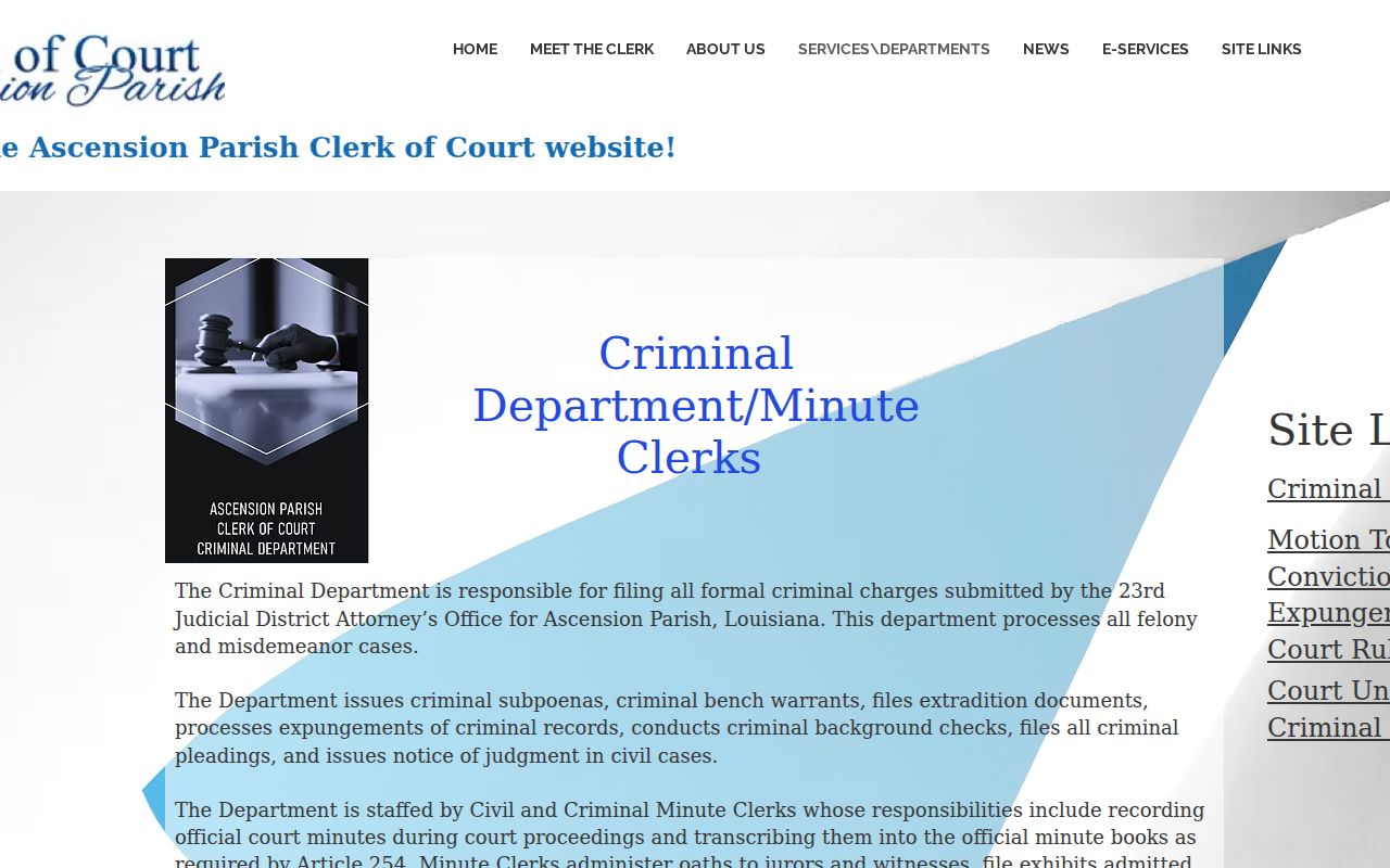 Ascension criminal docket source showing the Criminal and Minute Clerk Department