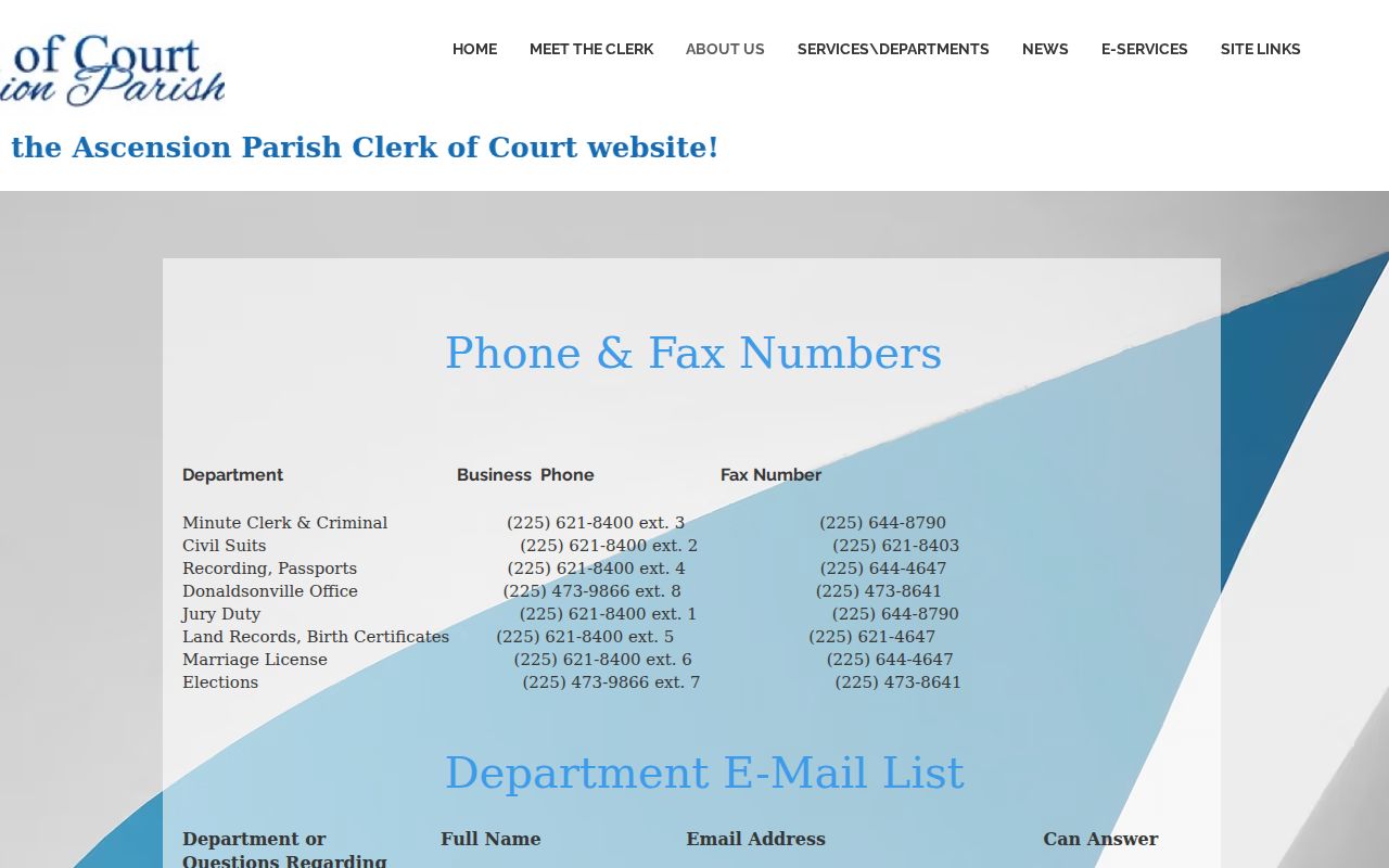 Ascension civil docket source showing Clerk of Court department contact routing