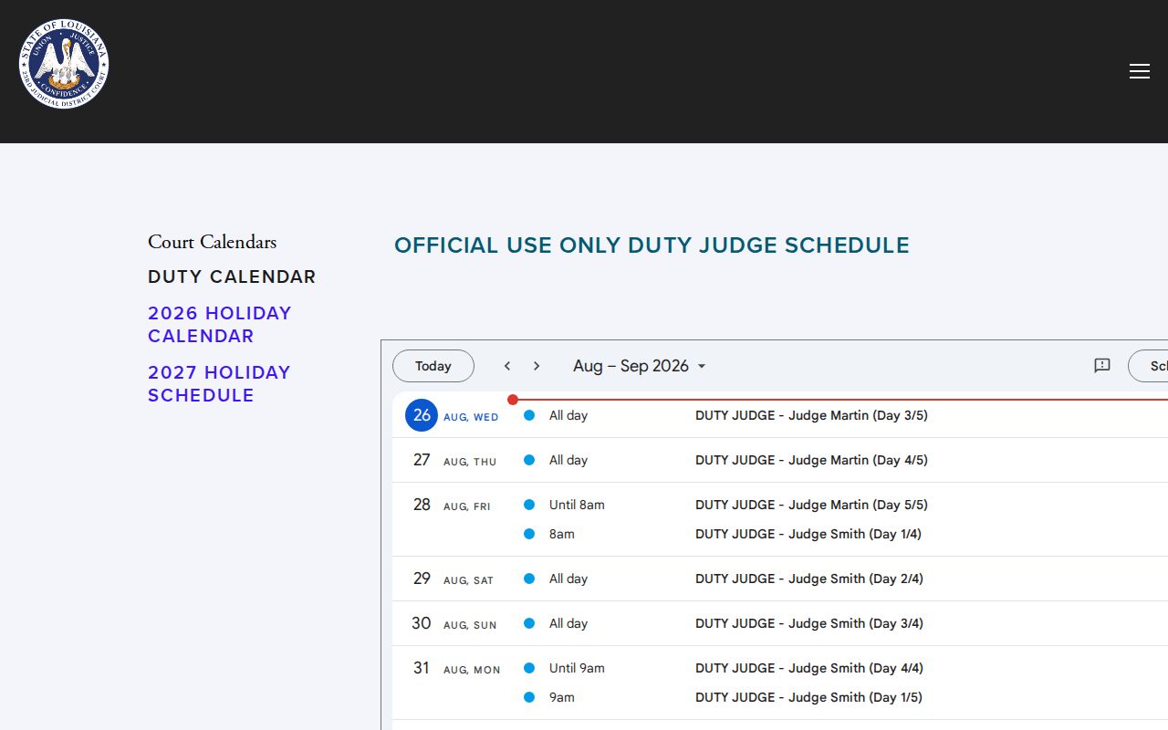 Ascension Parish court docket duty judge calendar interface