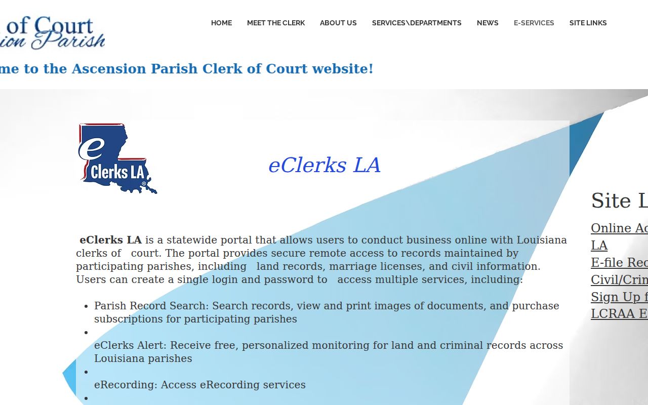 Ascension Parish court docket e-services screen for parish records