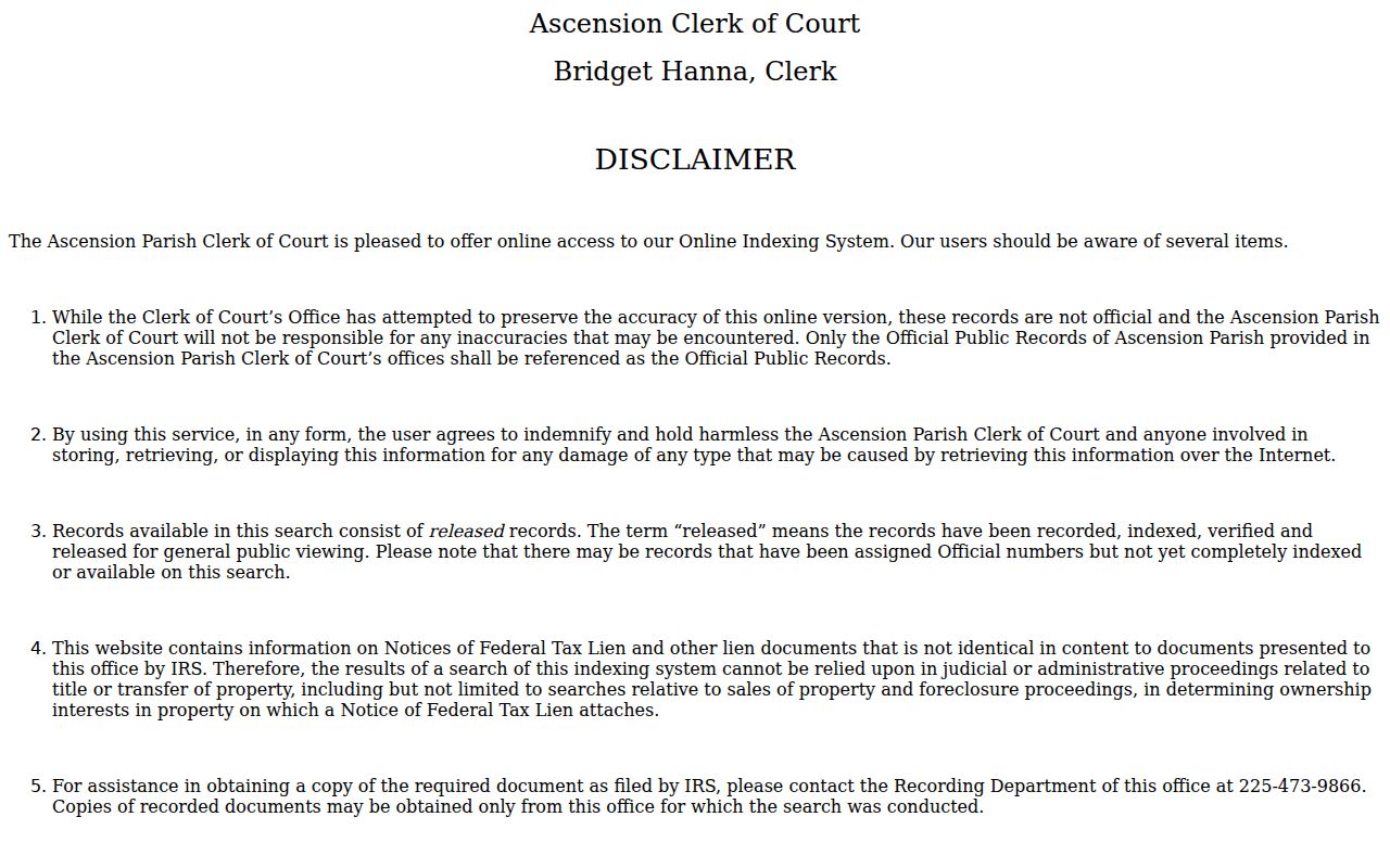 Ascension Parish case search official record disclaimer