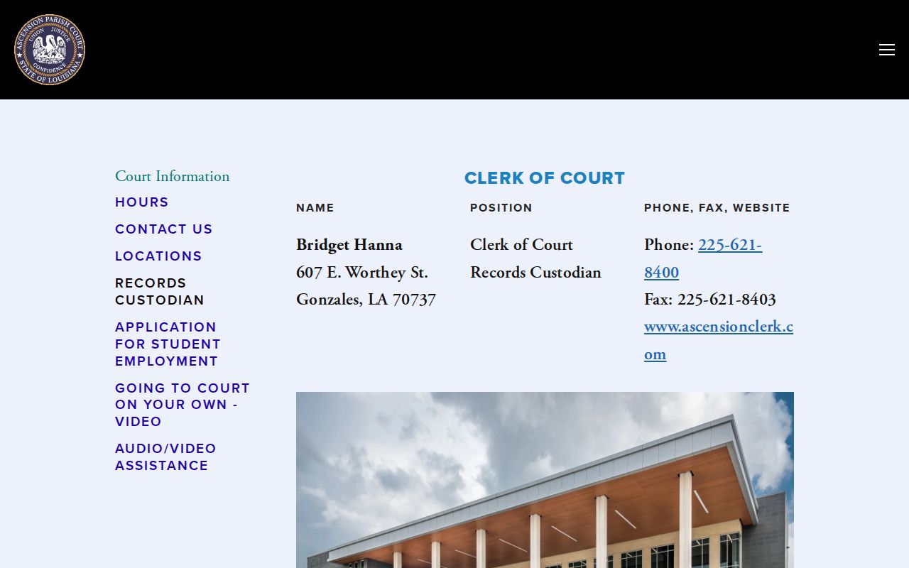 Ascension court calendar source showing the Parish Court records custodian page