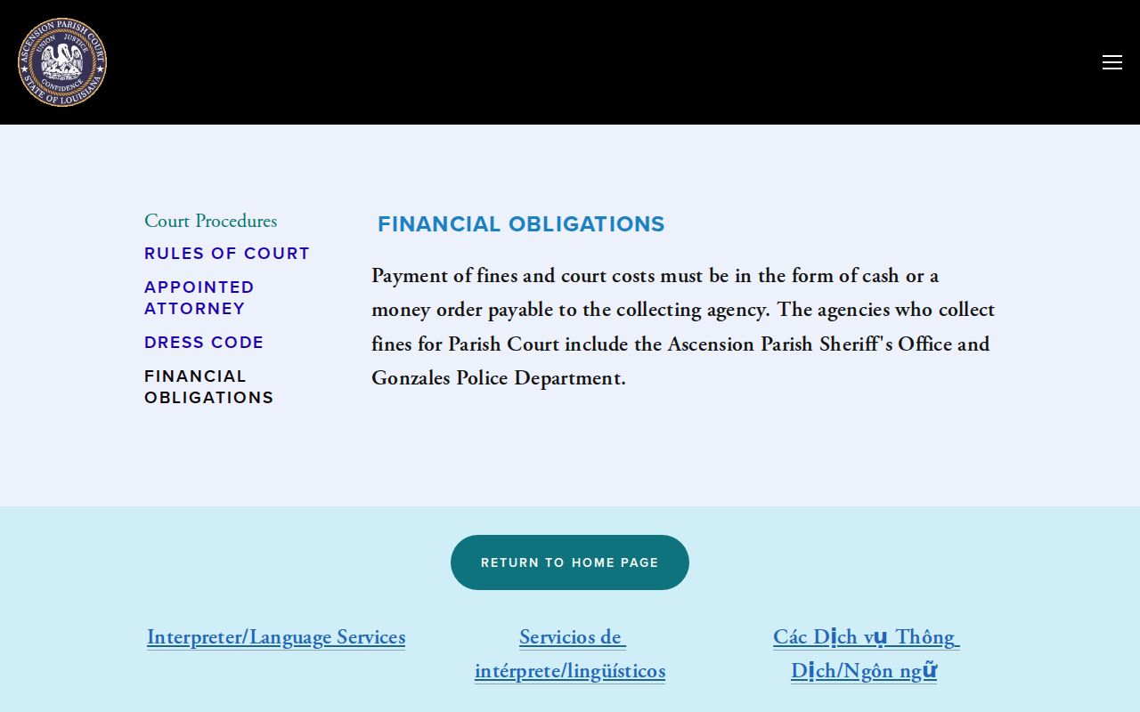 Ascension court calendar source showing Parish Court financial-obligations information
