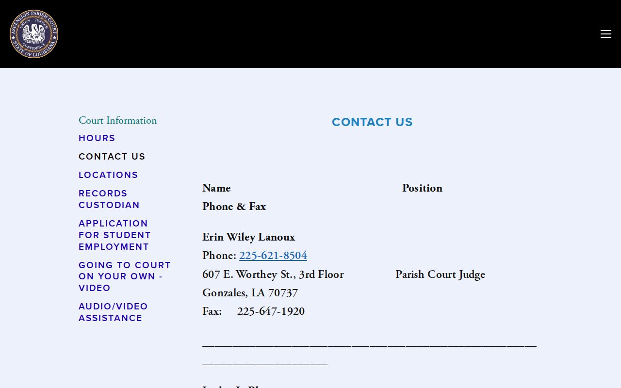 Ascension court calendar source showing Ascension Parish Court contact routing