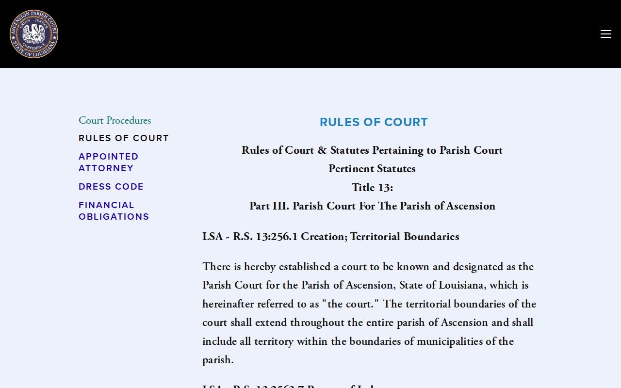 Ascension court calendar source showing Parish Court traffic and session rules